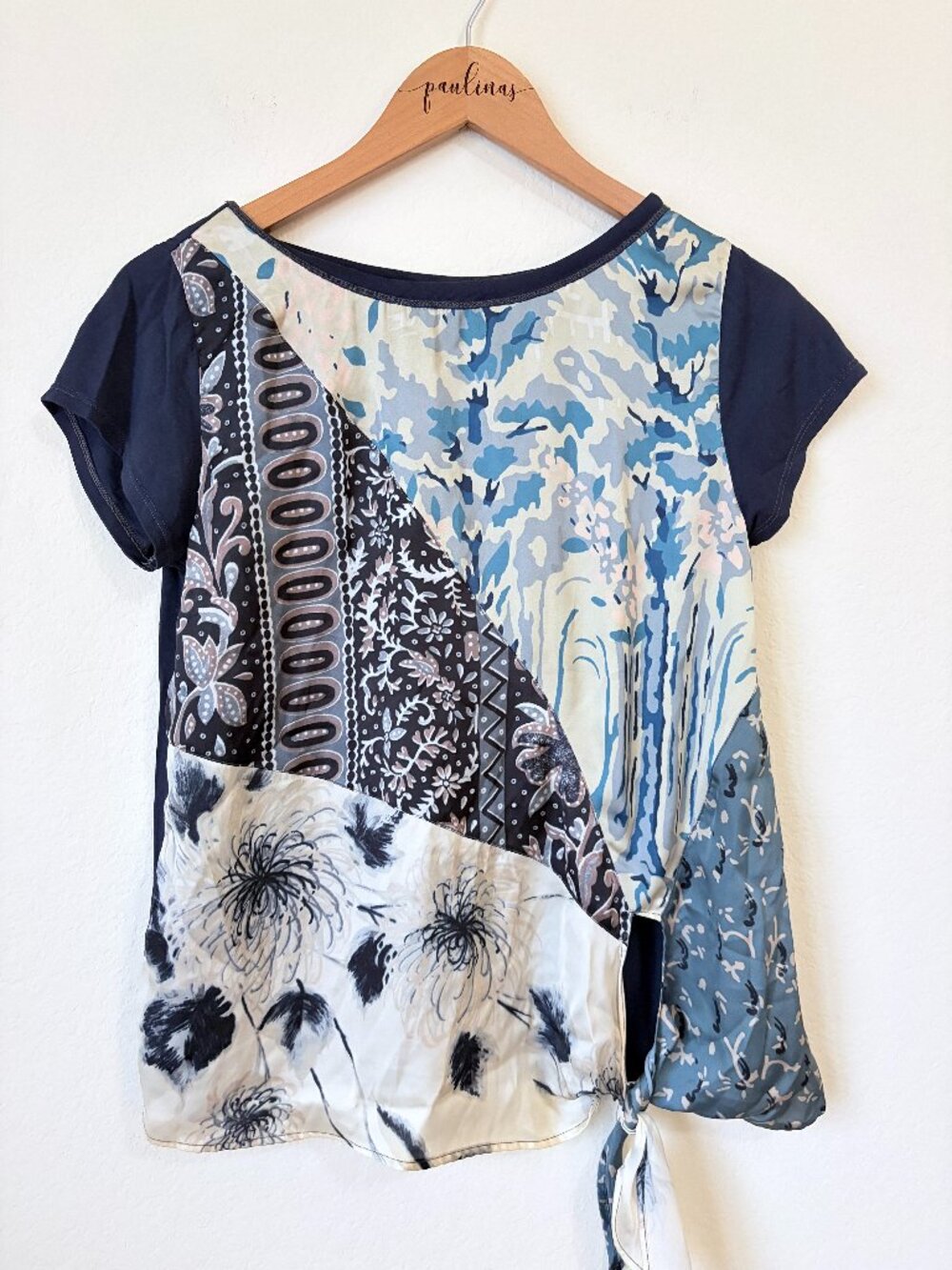 TINY Top Womens Small Navy Blue Abstract Floral Patchwork Side Tie Blouse S